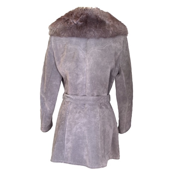 Vintage A&F 1970s Abercrombie Fitch Gray Suede Faux Fur Belted Coat Jacket - L - Picture 5 of 16